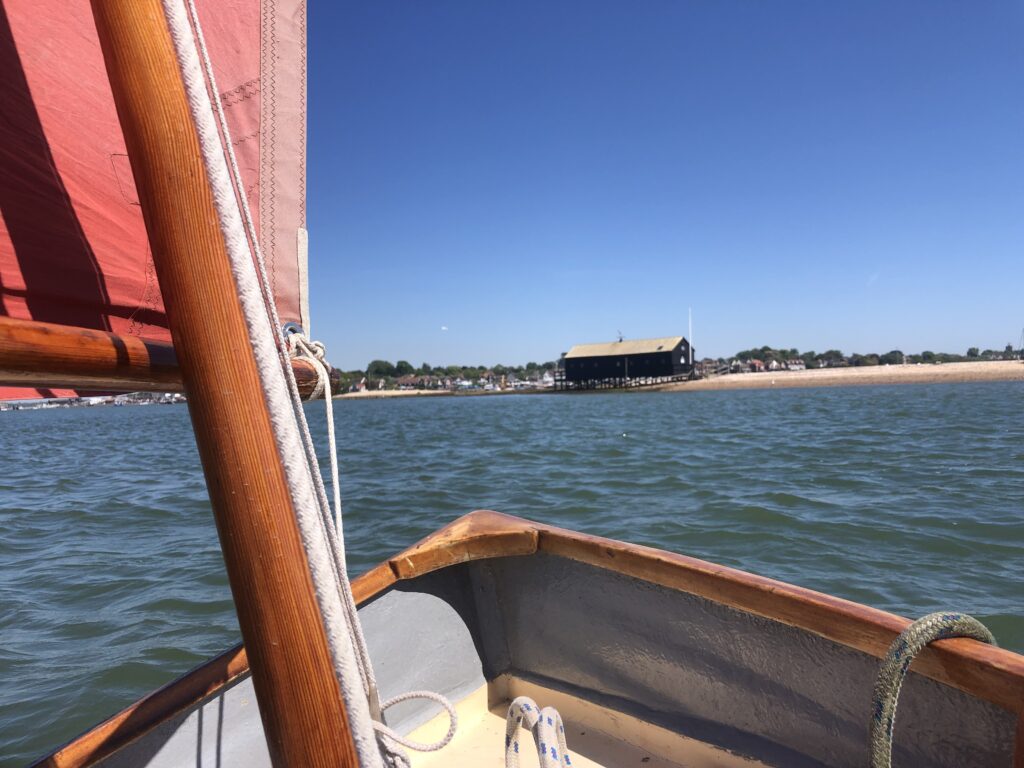 Early May sailing Twitch, Whimbrel's tender in the Mersea Quarters off Packing Marsh Island.